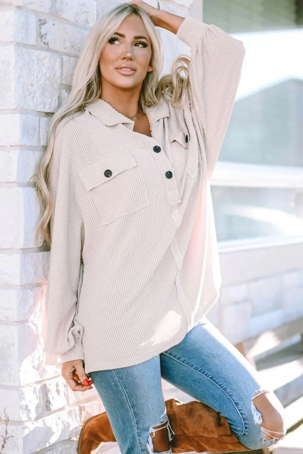 Collared Neck Half Button Long Sleeve Blouse - VILLA FASHION